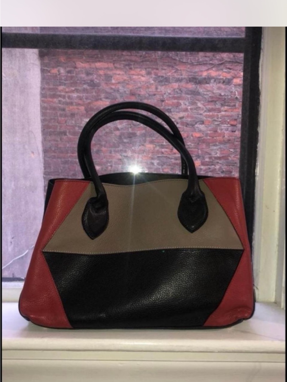 Colorblock Pebbled Tote Bag - Black, Taupe & Red